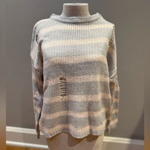En Creme Distressed Striped Sweater in Gray and Cream